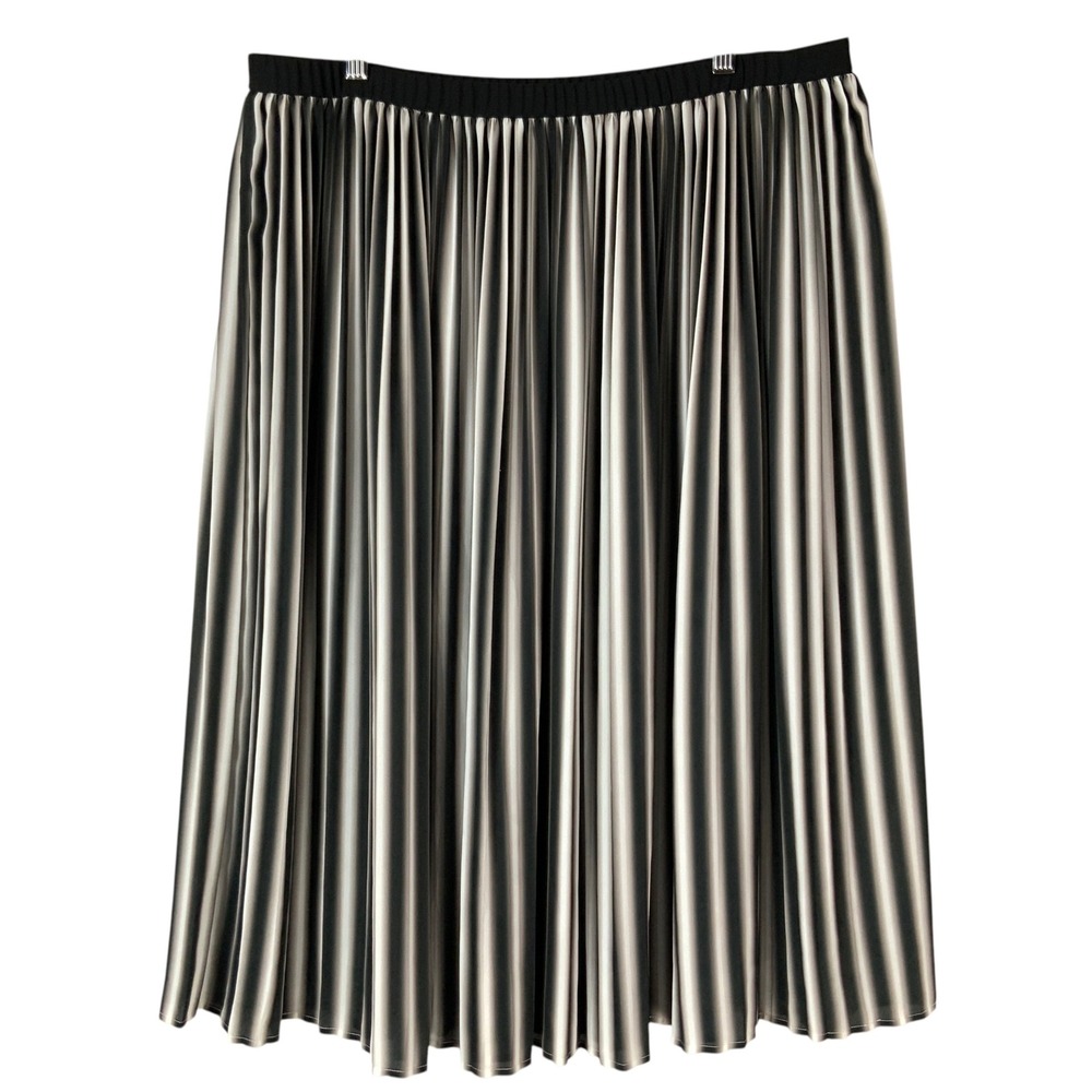Eileen Fisher Black White Striped Pleated Midi Skirt L Elastic Waist Side Zip Up